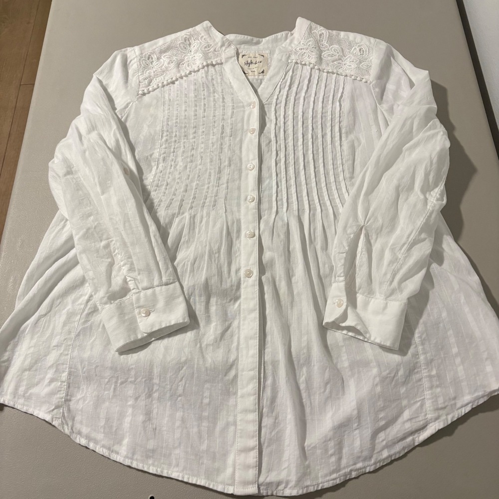 Style & Co White Cotton Lace Pintuck Button Down Blouse PXL Boho Romantic